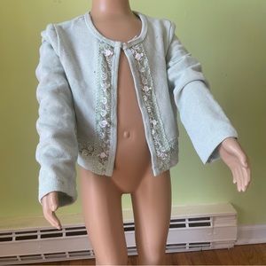 VINTAGE Y2K MINT GREEN FLORAL TRIM GIRLS CARDIGAN SWEATER SIZE 14 LARGE EASTER